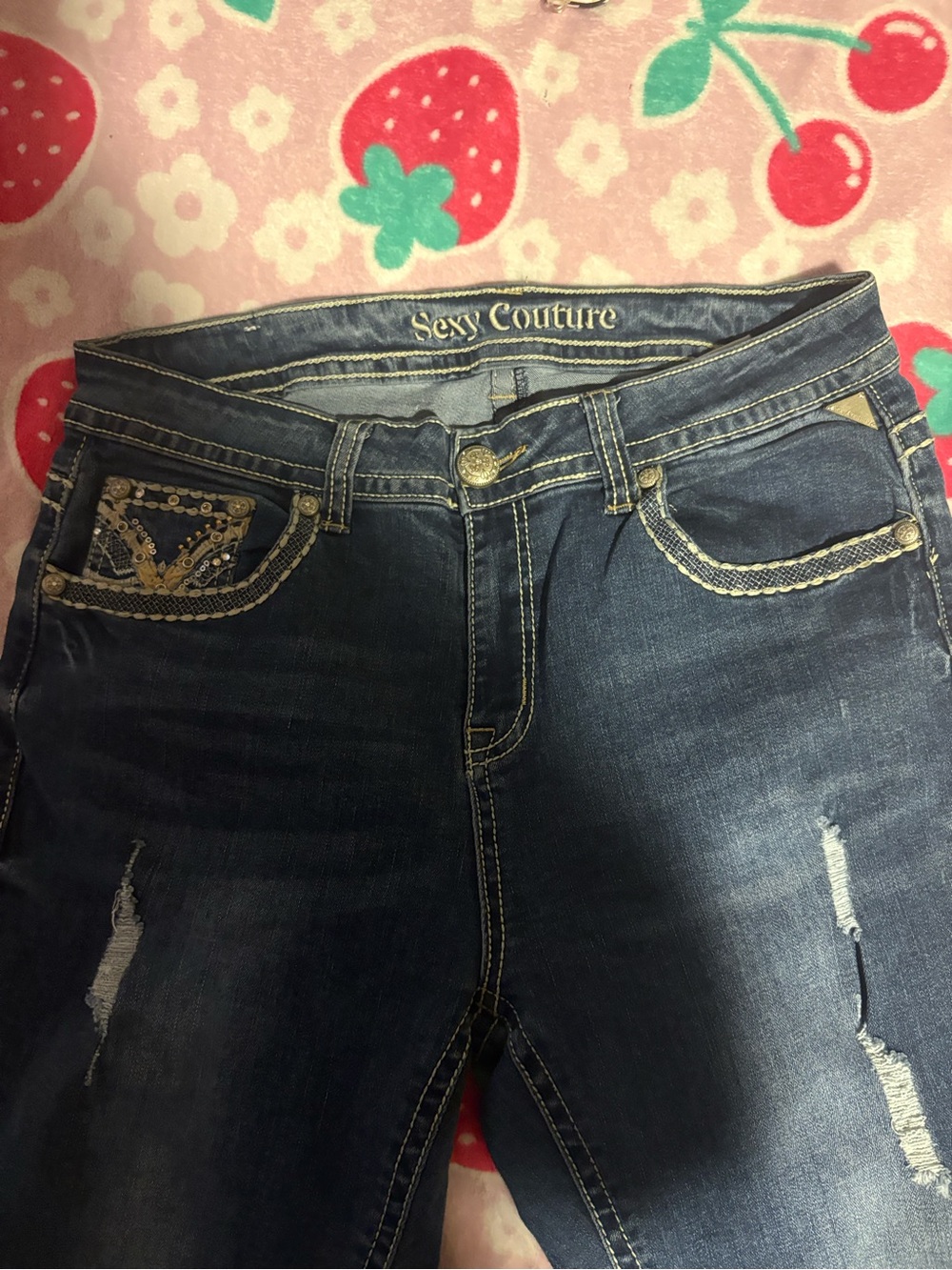 Sexy Couture Women's Dark Indigo Skinny Jeans with Embellished Pockets